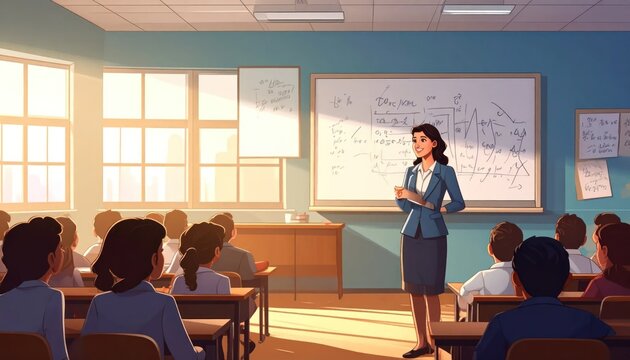 A teacher stands at the front of a classroom, engaging with students.