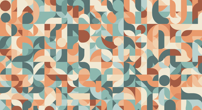 Mid-century modern seamless pattern composed of abstract geometric shapes in muted terracotta and teal tones for background.