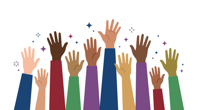 Diverse multi-colored hands raised in a crowd illustration.