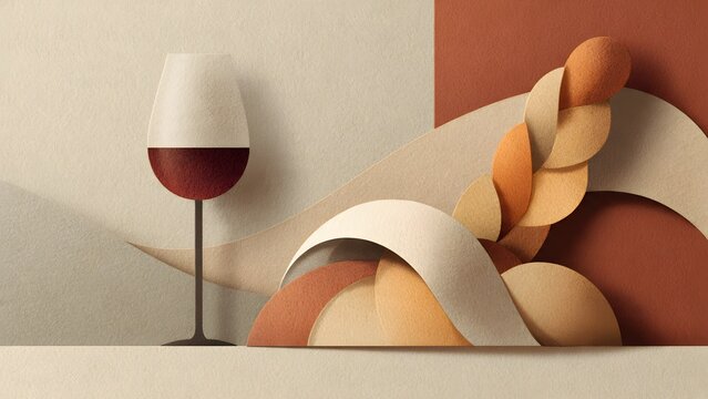 Minimalist paper cut Kiddush wine glass and braided challah bread for Jewish Sabbath tradition