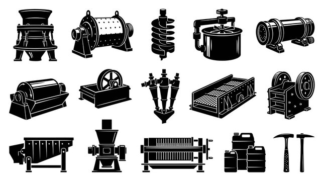Mining and Mineral Processing Machinery Black and White Glyph Icons Set for Industrial Equipment