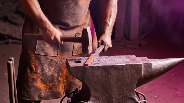 A person in a leather apron hammering a glowing piece of metal on an anvil