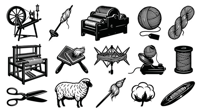 Vintage Black  White Textile Production  Fiber Arts Tools Icons Set. Spinning and Weaving Equipment Illustration.