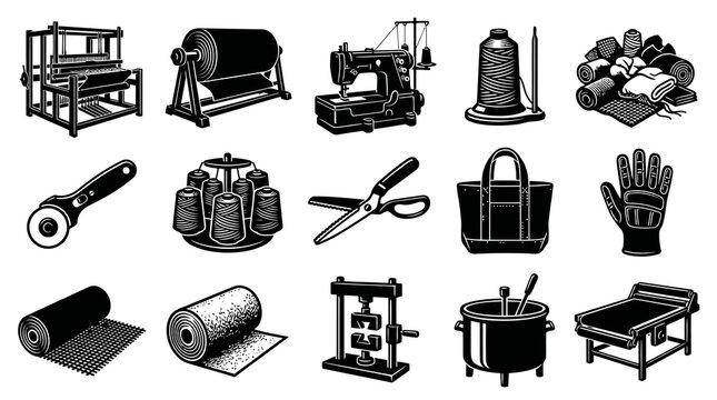 Textile and Fabric Crafting Tools  Equipment Set. Black and White Line Art Illustrations for Sewing  Weaving