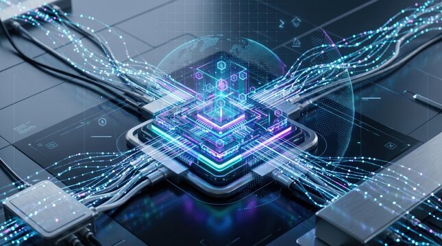 Futuristic digital microchip processor with glowing neon circuit lines and data flow, abstract cyber technology background, high speed internet connection