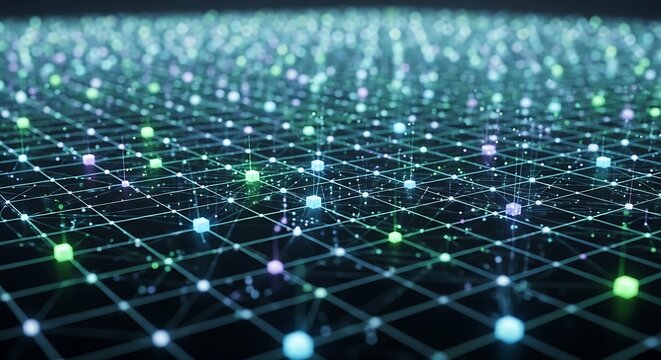 Futuristic grid network with glowing nodes.