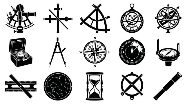 Historical Navigation  Astronomy Instruments Glyph Set. Ancient Exploration  Measurement Tools Icons Collection