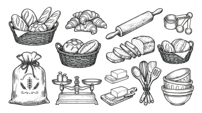 Vintage bakery sketch collection, hand drawn bread and pastry icons, rustic baking tools and kitchen equipment vector set
