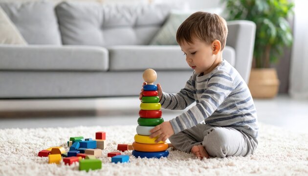 Toddler boy playing with colorful wooden stacking rings toy and blocks on a white rug in a bright living room. Focused child learning development at home.