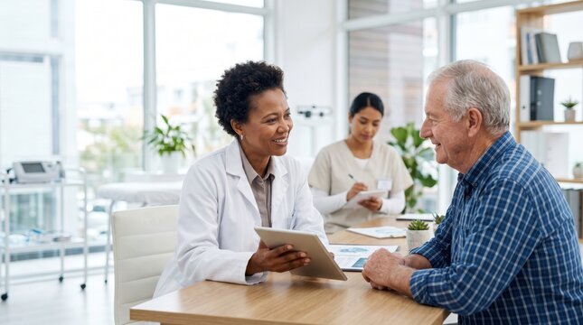 Smiling female doctor consulting with senior male patient using digital tablet in modern clinic, healthcare and medical advice concept