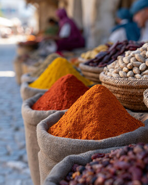 Vibrant spices fill burlap sacks in warm sunlight. Colorful piles of turmeric, paprika, and cumin glow invitingly. Women in headscarves sit nearby, engaged in trade