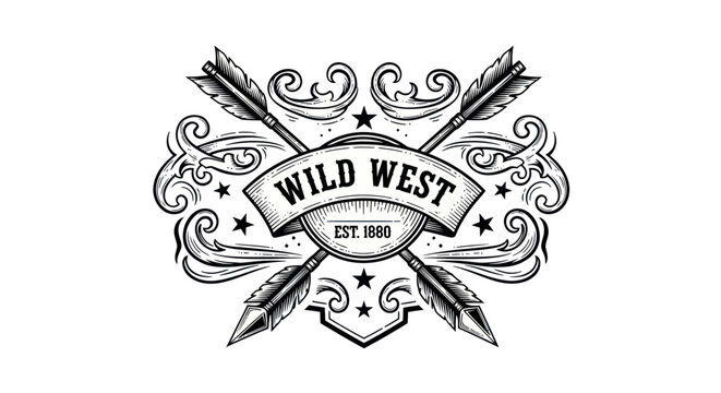 Vintage wild west emblem with crossed arrows and decorative scrolls