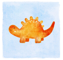 Watercolor stegosaurus card with friendly prehistoric character. Hand painted square illustration for nursery decor, classroom materials, party stationery and educational products. Blue tile © Evgeniia