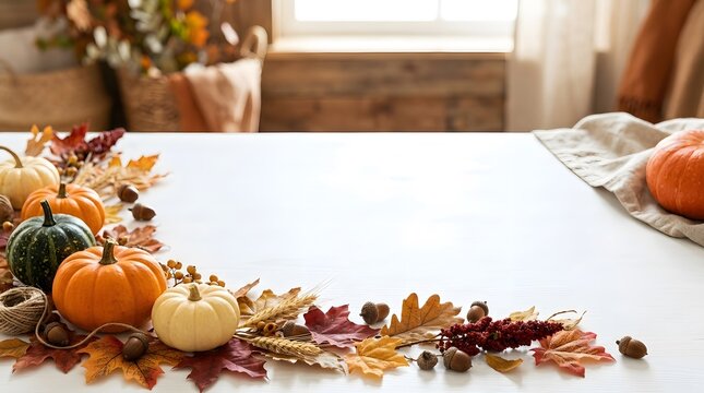Autumn harvest display with pumpkins and gourds on rustic wooden table background