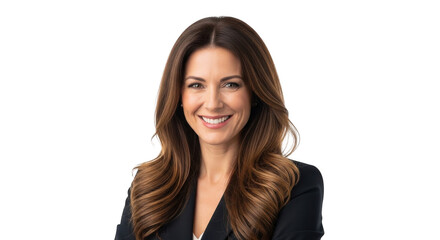 Obraz premium Smiling professional woman in a black suit looking at camera isolated on transparent background