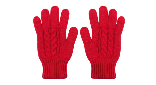 Pair of bright red knitted wool winter gloves isolated on transparent background