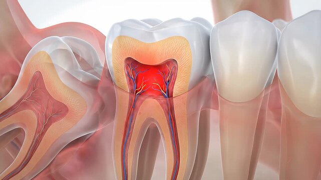 Molar tooth anatomy, impacted wisdom tooth, dental pain, inflamed nerves and roots, illustration for dental care and oral health