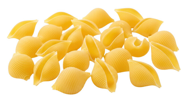 Raw dry shell pasta noodles piled together isolated on transparent background