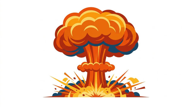 A stylized mushroom cloud explosion with bright orange and yellow flames erupting outwards, depicted against a clean white background with vibrant energetic bursts