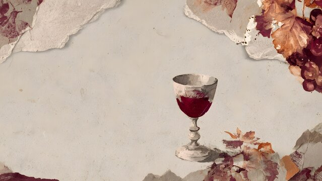 Wine glass and grapes on a textured paper background for religious event