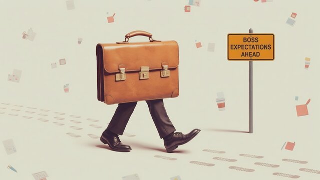 Surreal walking briefcase with legs on path and boss expectations sign