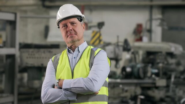 Experienced factory supervisor standing in production workshop wearing safety helmet and reflective vest. Industrial leadership, manufacturing management and workplace safety concept.