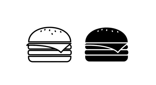Minimal black silhouette icon, simple flat vector, bold black shape, no, no shading set of burger icons, outline and solid hamburger symbols on a, flat icon style