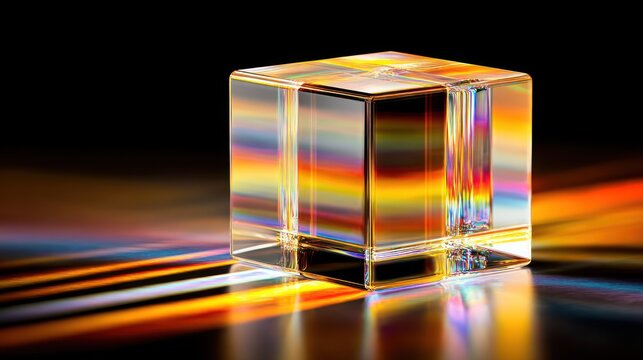 Transparent geometric solid refracts intense, multicolored light onto a dark surface