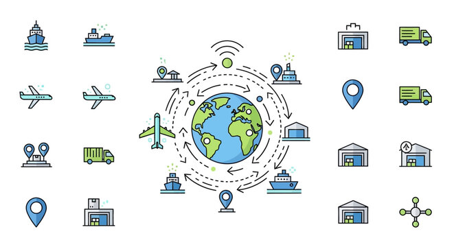 Global logistics and transportation network icons.
