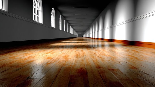 Long interior corridor features arched windows on one side and spotlights illuminating the opposite wall.
