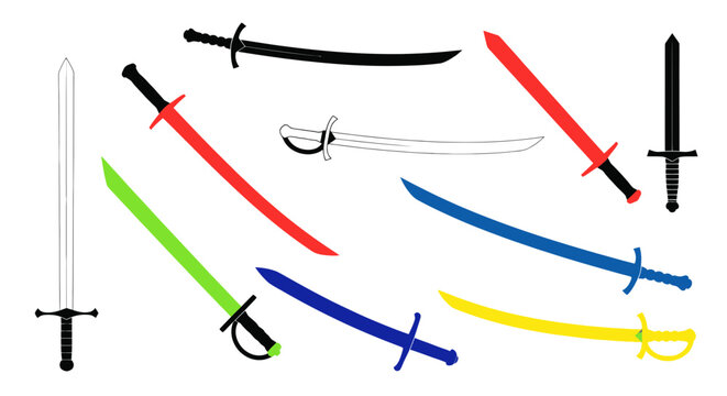 Diverse collection of colorful sword silhouettes and blade outlines