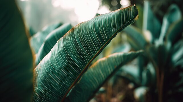 Tropical foliage displays prominent parallel veins in a lush, dark green environment