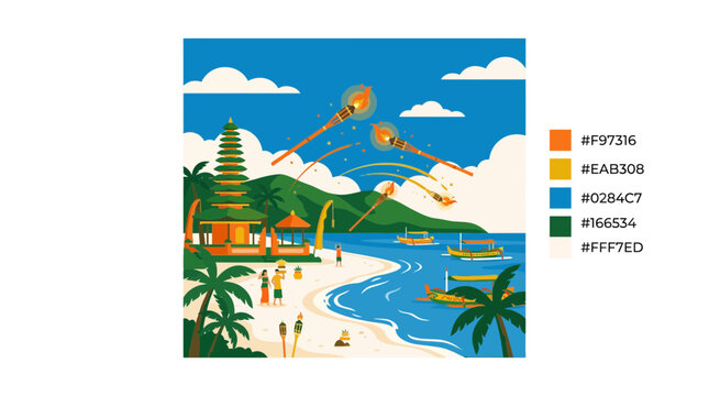 Bali beach landscape with temple gate and kites.
