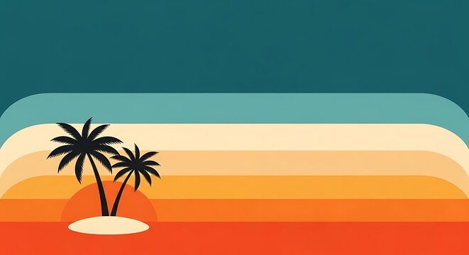Colorful Sunset Scene with Palm Trees on Tropical Island.