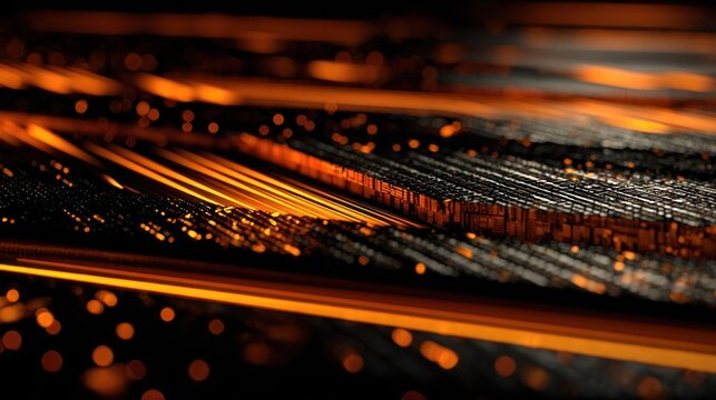 Intense streams of golden light streak across a dark, textured digital landscape.