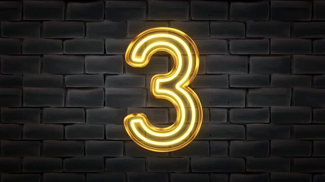 Elegant golden Realistic set of yellow neon retro number 3 for decoration and covering on the wall