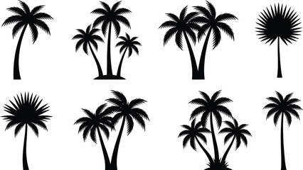 Fototapeta premium Collection of diverse palm tree silhouettes against a white background for tropical design concepts