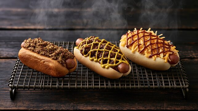A warm, highly-detailed food photography close-up capturing three distinctly different, steaming hot dogs resting on a dark wire cooling rack