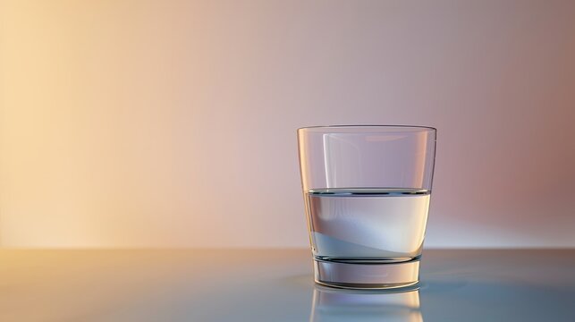 Minimalist half-filled glass of fresh water on reflective surface against warm gradient background