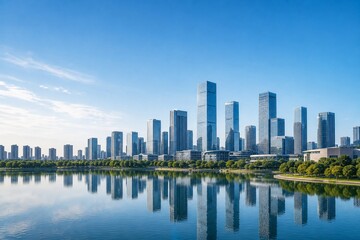 Fototapeta premium Business skyline beside urban lake