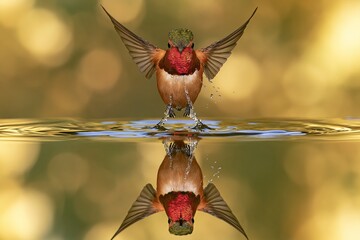 Fototapeta premium An extreme macro, perfectly symmetrical wildlife photograph capturing a Broad-tailed Hummingbird in head-on flight