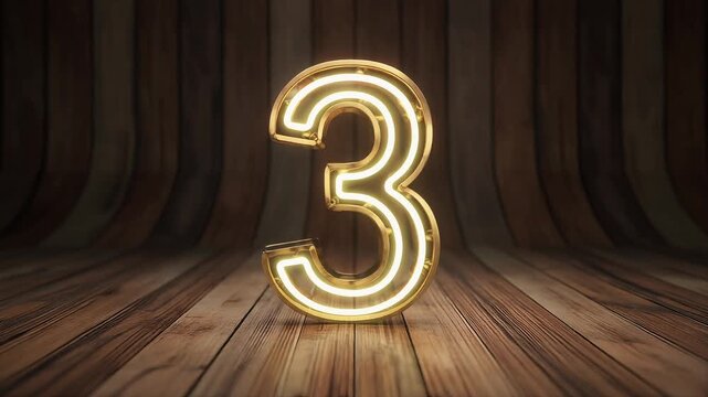 Elegant golden Realistic set of neon number 3 for decoration and covering on the wooden