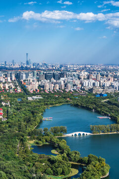 Aerial View of Beijing City Skyline Yuyuantan Park, CBD, and China Zun Tower Under Sunshine