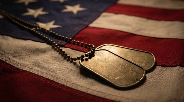 Close-up of Military Dog Tags Resting on American Flag with Dramatic Lighting