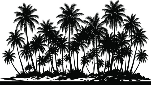 Tropical island palm trees silhouette against a white background for vacation concepts