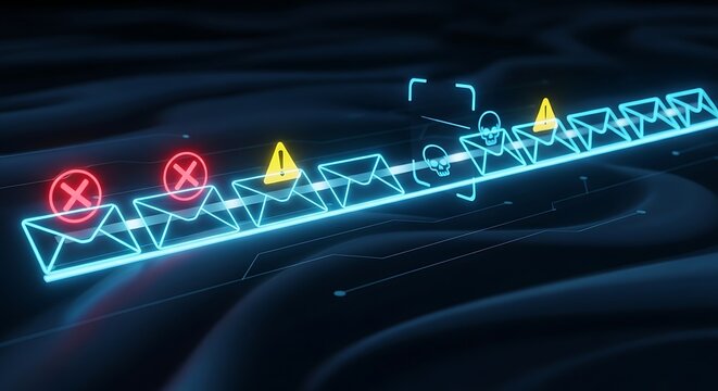 Digital email stream analysis with warning indicators and malware detection sequence phishing cybersecurity analysis security
