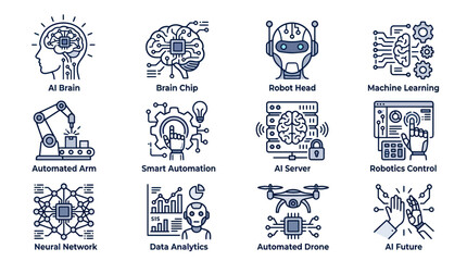Obraz premium Artificial intelligence and robotics technology icon collection