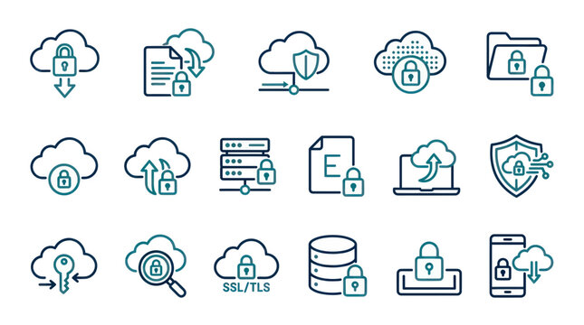 Cybersecurity and cloud computing data protection icons set