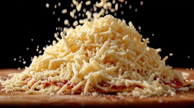 Fresh shredded cheese falling onto pizza base