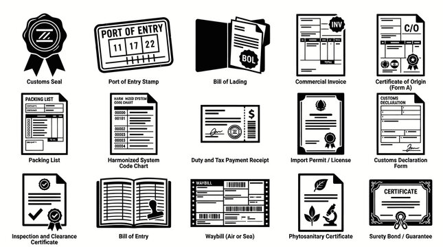International Trade and Customs Documents Solid Glyph Icons Set for Shipping Logistics and Import Export
